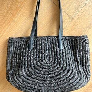Black Woven straw Tote Bag, leather straps